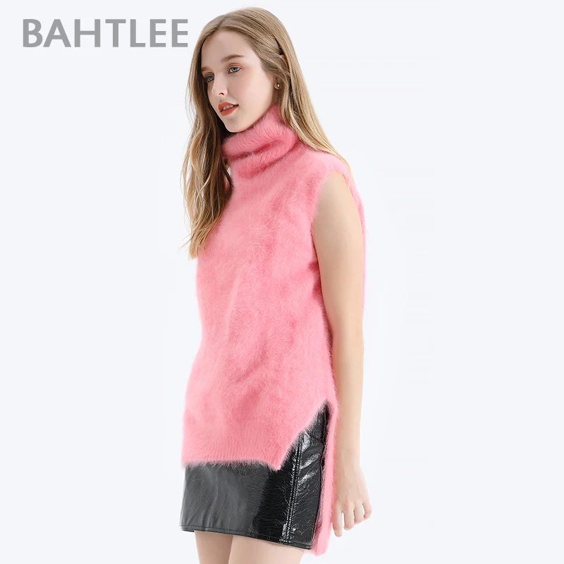 

BAHTLEE Women Angora Sleeveless Pullovers Sweater Pure Color Autumn Winter Wool Knitted Split Jumper Turtleneck