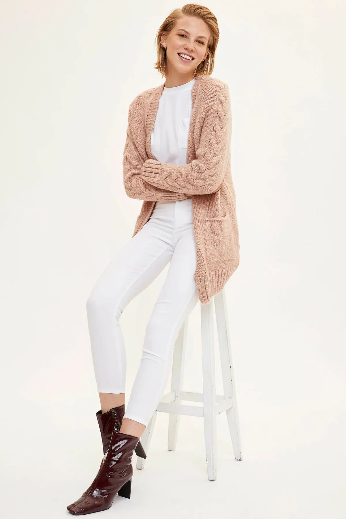Comprar Cárdigans de punto largos de Color puro cuello en V de moda de hecho para mujer cárdigans de punto de bolsillo Simple Casual New K8951AZ19AU
