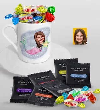 

Personalized Mermaid Caricature Of Turkish Coffee Cup Selamlique Mixed Turkish Coffee house And Haribo Candy Gift Seti-1
