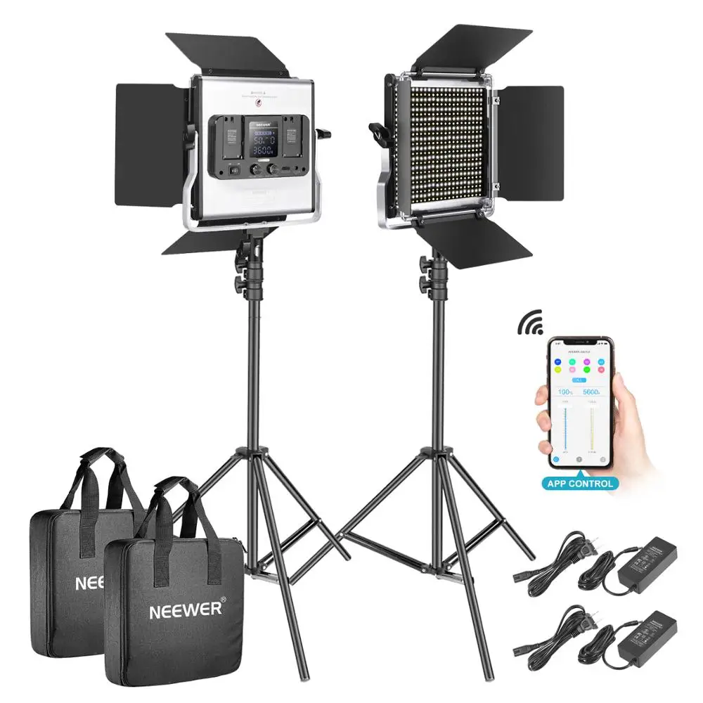 

Neewer 2 Packs 528 LED Video Light, Metal Dimmable Bi-Color 3200K-5600K Photography Lighting with APP Intelligent Control System
