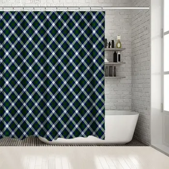 

Vintage Diagonal Check Pattern Geometric Lines Vetro Artwork Printed Blue Green White Shower Curtain