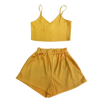 

2Pcs Women Sexy Cami Pajamas Suit Sleeveless Spaghetti Striped Crop Tanks Vest & Shorts Sleepwear Cute Fashion Soft Lingerie Set