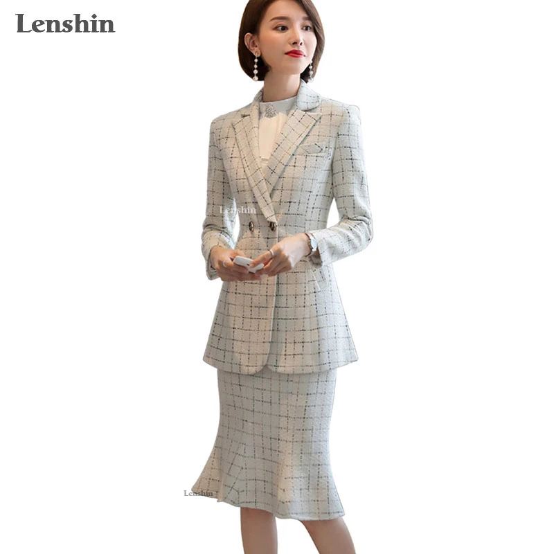 

Lenshin 2 Piece Set Rough Formal Trumpet Mermaid Skirt Suit Plaid Blazer Office Lady Uniform Designs Women Business Sets