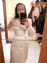 A-Line Dress V-Neck Spring Bishop-Sleeve Satin Simplee Chic Elegant Vintage High-Waist