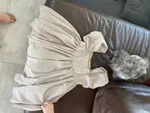 Ladies Dress Puff-Sleeve Square Collar Linen Khaki Vintage High-Waist Casual Summer Women