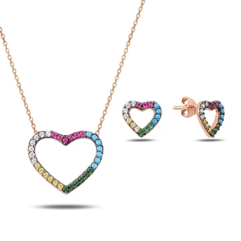 

Kutaydan Mixed Color Zircon Stone Heart 925 Sterling Silver Set Made in Turkey