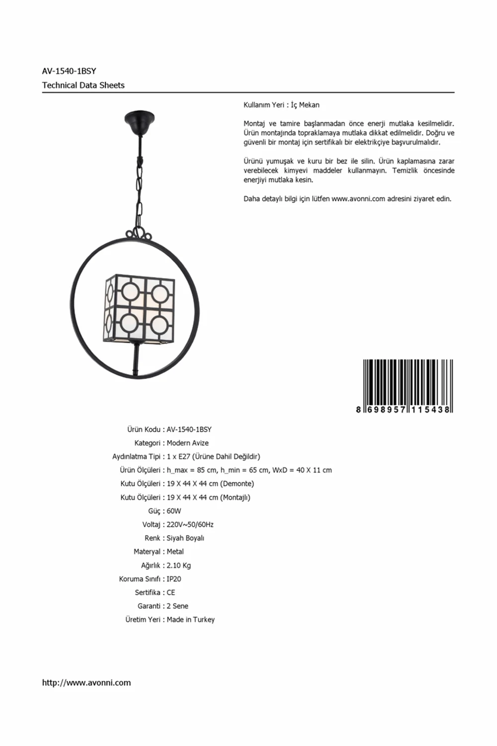 AVONNI AV-1540-1BSY черная окрашенная современная люстра, E27, металл