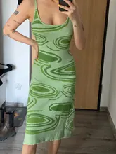 Sexy imprimir punto Bodycon vestido de las mujeres verde Y2K vestido de fiesta hueco sin mangas Spaghetti Correa playa vestidos de verano