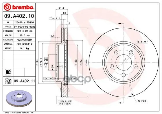 Диск Тормозной Передн, Chrysler:300 C 04-, 300 C 10-, 300 C Touring 04-10 Brembo арт. 09.A402.11