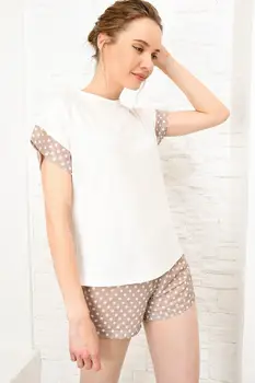 

Trend Alacati Style Women 'S Blue Polka Dot Shorts Pajamas Suit ALC-X4070