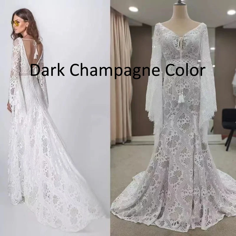 803#2021 New Design Long Lantern Sleeve Empire V-Neck Backless Small Train Beauty Backless Lace Boho Beach Wedding Dresses Women modest wedding dresses Wedding Dresses