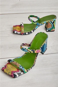 

Heeled Women Sandals Colorful Classic Heels Artificial Snake Skin Slippers Women 2020 Shoes