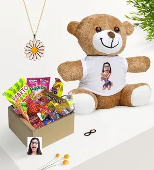 

Personalized Wonder Woman Caricature Of Nostalgic Lezzetler Plush Teddy Bear Daisy Necklace Gift set