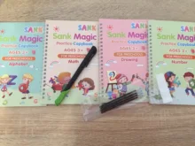 Libros mágicos reutilizables para niños, kit de escritura de caligrafía 3D, escritura de números en inglés, práctica mágica, 4 unidades