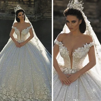 شراءSuperKimJo فساتين زفاف فاخرة ثوب حفلة دانتيل مزين بالخرز سباركلي أوف وايت أنيق ثوب زفاف رداء De Mariage