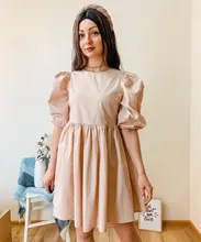 Mini Dress Lantern Short-Sleeve OOTN A-Line Pink Elegant Green Cotton Casual Women Ladies