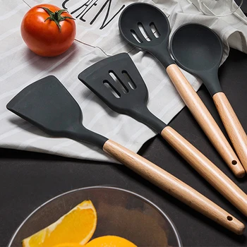 

9PCS/set Home Kitchen DIY Dinnerware Kitchen Silicone Soup Spoons Ladle Oil Brush with Wooden Handle Cooking Utensils Sets