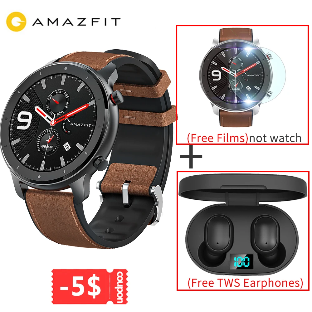 TWS гарнитура глобальная версия AMAZFIT GTR 47 мм Смарт часы gps 5ATM водонепроницаемый музыкальный контроль 24 дня батарея для Android IOS - Цвет: Alloy Black Watch