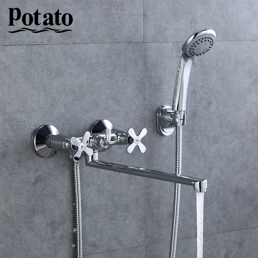 Potato Смеситель для ванной комнаты с длинной водоотводной трубкой, смеситель для ванной, настенный душевой набор, горячая и холодная вода p23321