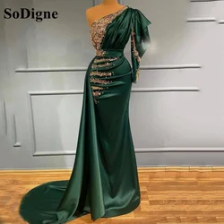 SoDigne Mermaid Evening Dress One Shoulder Beaded Lace Long Sleeves Green Satin Arabic Muslim Prom Gown Formal Party Dresses