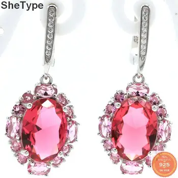 

37x12mm Real 3.4g Created Pink Tourmaline White CZ Gift For Sister 925 Solid Sterling Silver Earrings