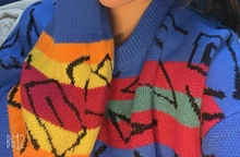 Retro Chic loco estilo suelto para mujer Graffiti amante Arco Iris rayas suéter de punto O manga larga cuello parche Pulllover