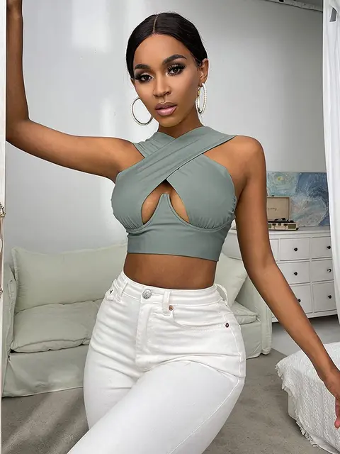 Women's Criss Cross Tank Tops Sexy Sleeveless Solid Color Cutout Front Crop Tops Party Club Streetwear Summer Lady Bustier Tops 6