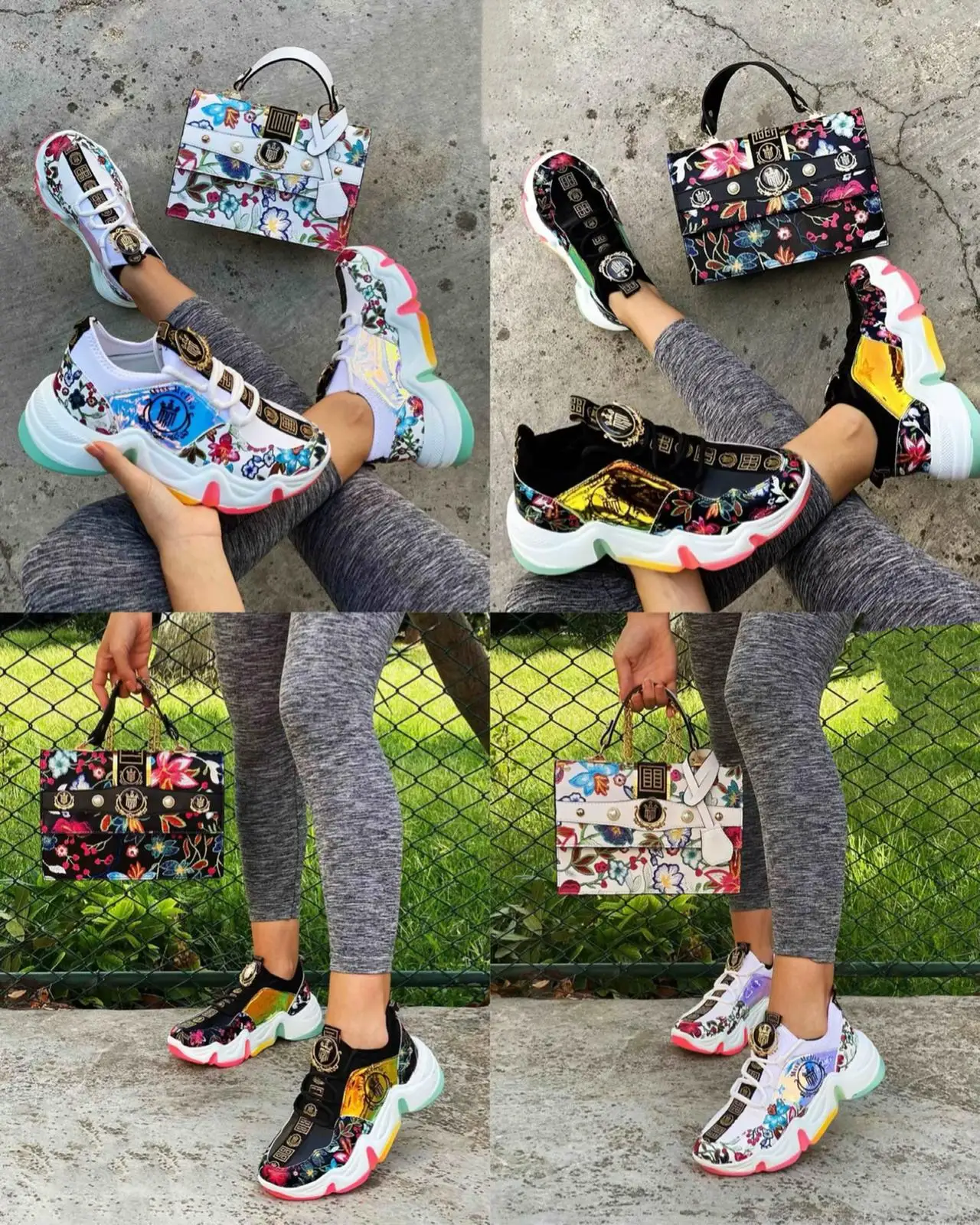 

White and black floral sports stylish sneakers bag set Code S104