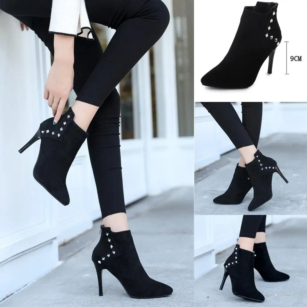 

Women Flock Solid Thin Heel Boots Flat Ankle Knitting Wools Warm Boots for women ladies Fits autumn and winter Leisure shoes