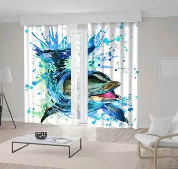

Curtain Smiling Dolphin in Water Marine Nature Sea Animal Underwater Wildlife Art Blue White