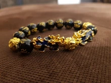 Feng Shui-pulsera de cuentas de piedra obsidiana Unisex, brazalete de oro negro, Pixiu, riqueza, buena suerte