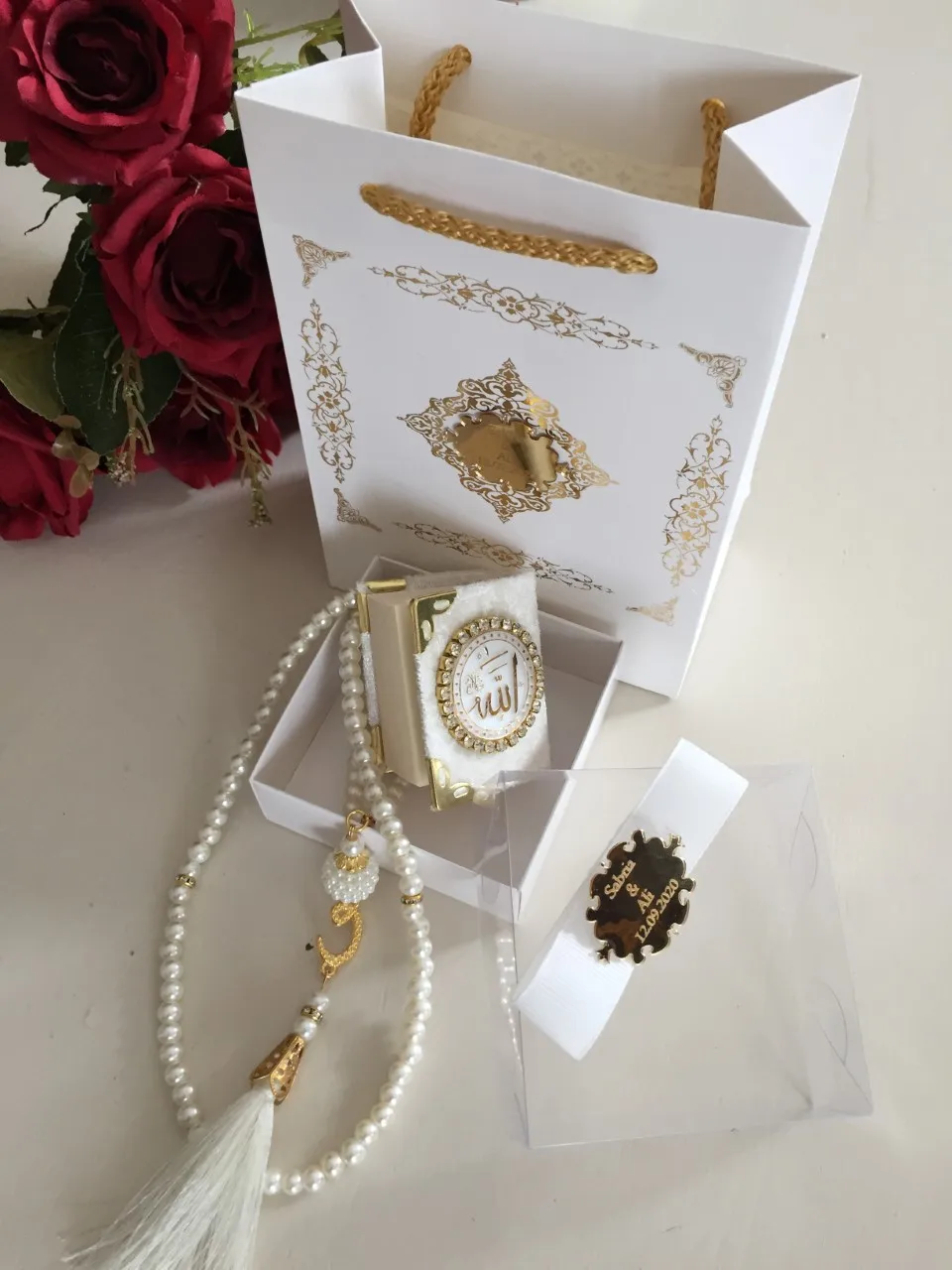 

Personalised 30 pcs Velvet Mini Quran Pearl Tasbeeh Decorated Box Gift Set | Eid Favor | Wedding Favors | Baby Shower Favor | Gr