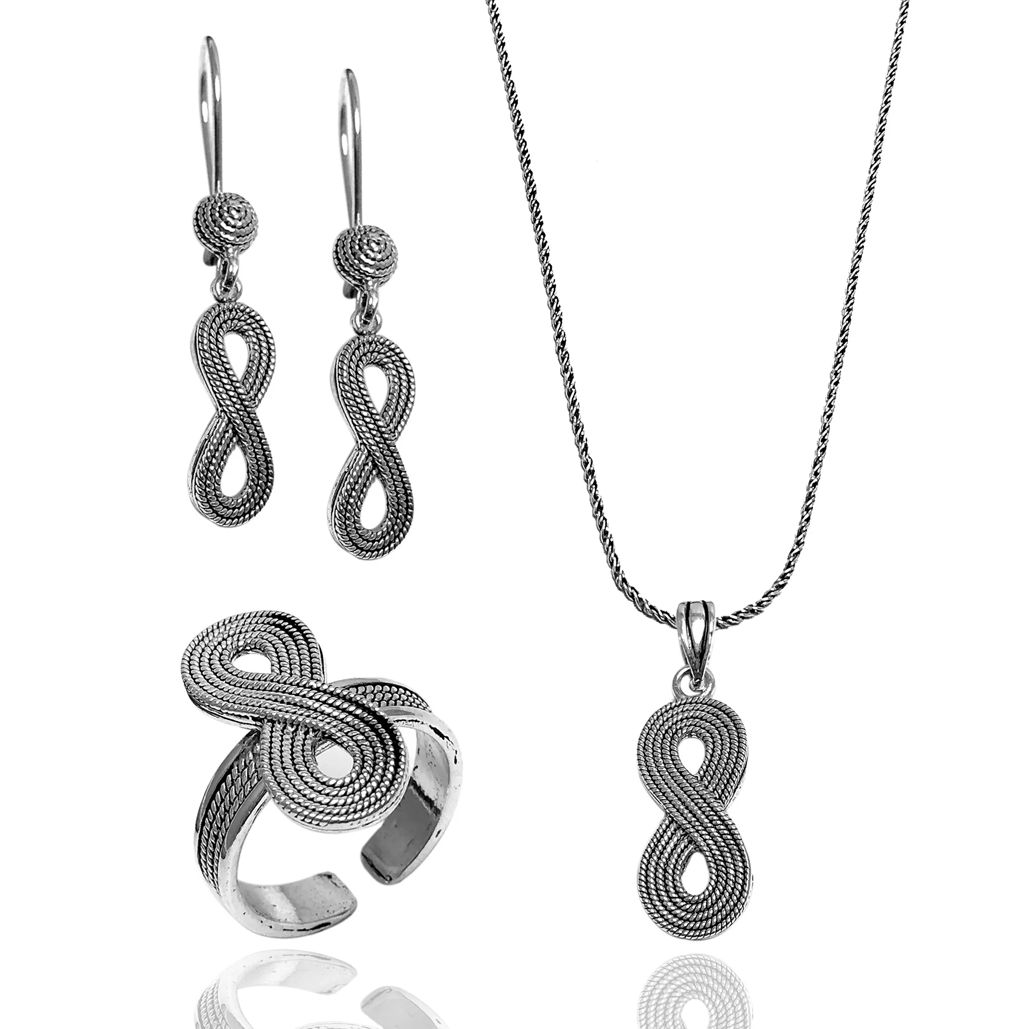 

Infinity Model Filigree Silver Triple Set 925 Sterling Silver 1 * Necklace 2 * Earring 1 * Ring & Women fashion Jewelry 14gr
