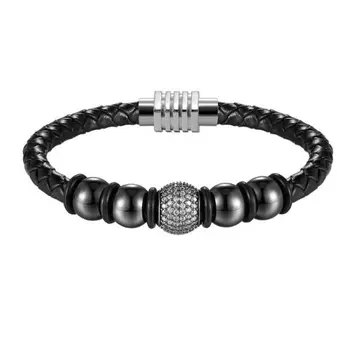 

Angemiel Men Black Crystal Obsidian Charm Pattern Leather Men 'S Bracelet