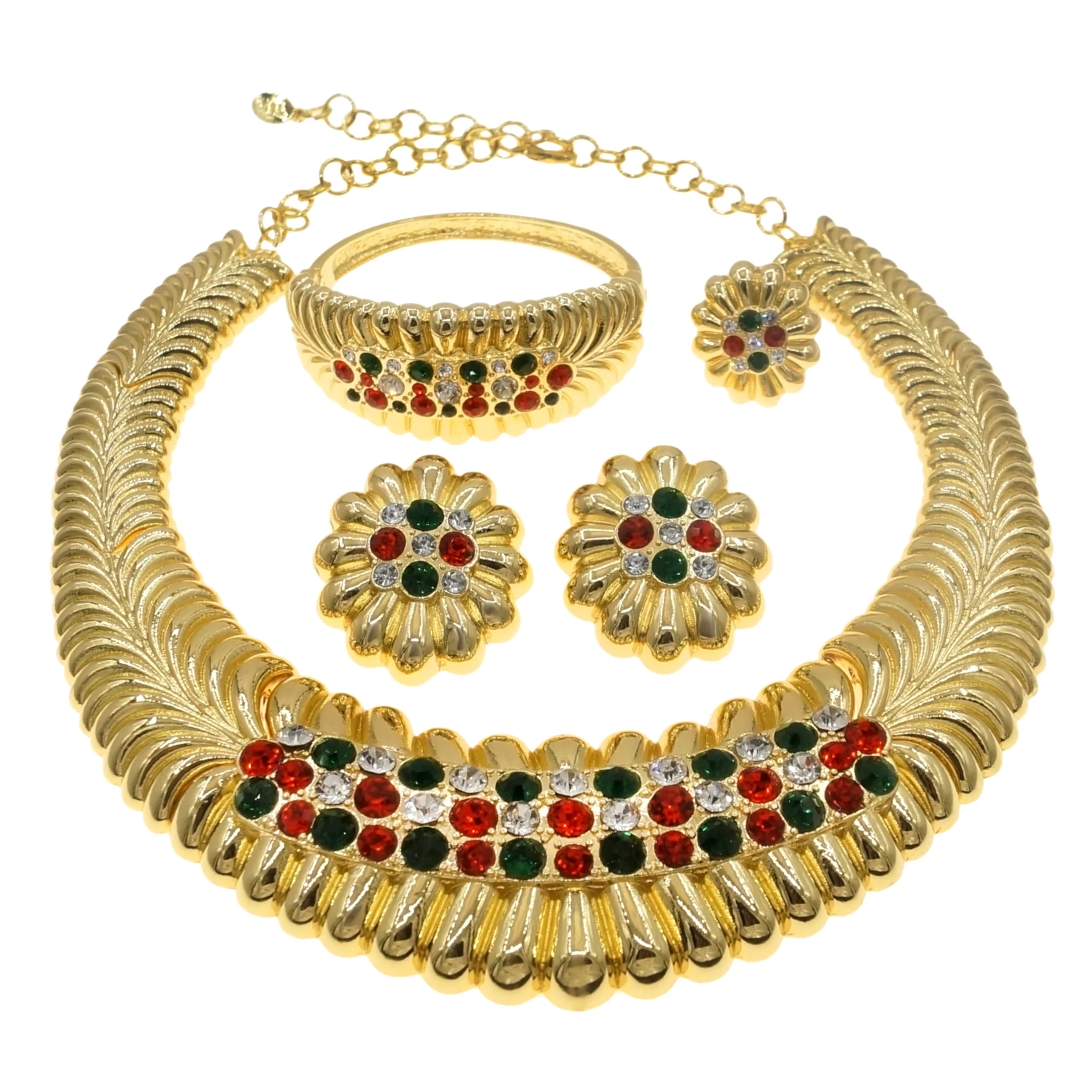 

Nigeria Hot Selling Gold Plated Jewelry Set Luxury Colorful Rhinestone Necklace Wedding PartyAccessories H0074