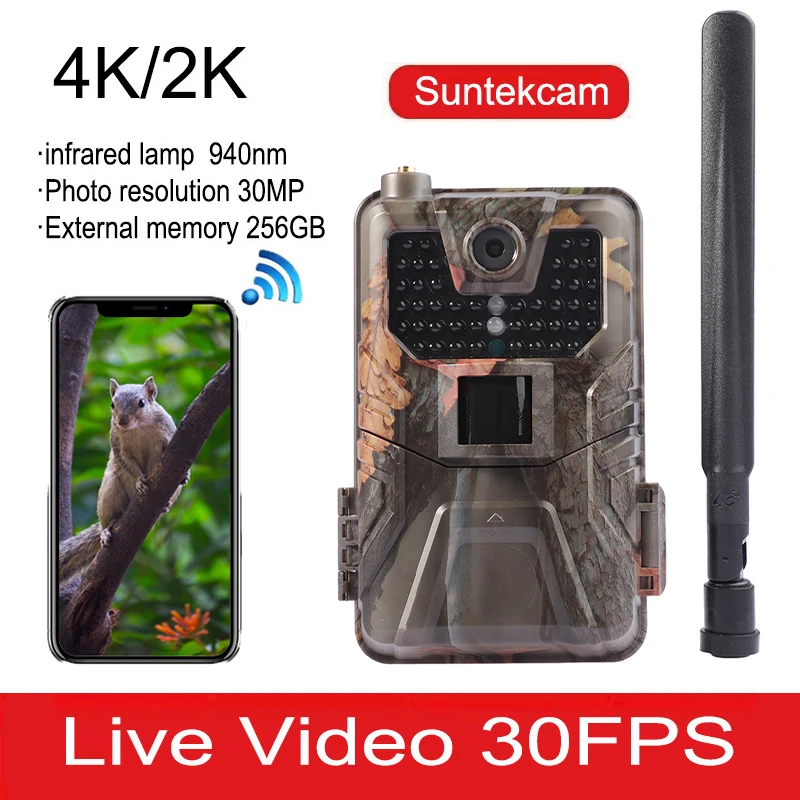 4K Live Video Trail Camera 4G 30MP Infrared Night Vision Cloud Service Trap Cam 