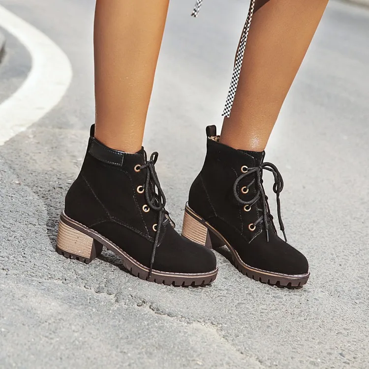 

Flock Martin Simple Ankle Boots Rounded-Toe Ladies Square-Heels Lace-Up Zip Korean Style Shoes Winter 2019 Women Fashion