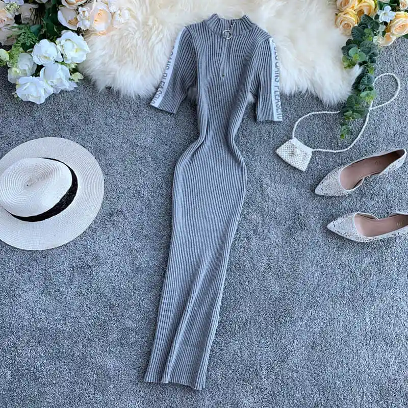 NiceMix новое летнее вязаное платье женское модное платье с принтом в стиле пэчворк с коротким рукавом облегающее Повседневное платье длинное платье Vestidos - Color: Gray