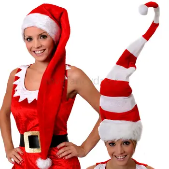

LONG RED SANTA HAT CHOOSE STYLE FATHER CHRISTMAS LONG MRS CLAUS FANCY DRESS COSTUME