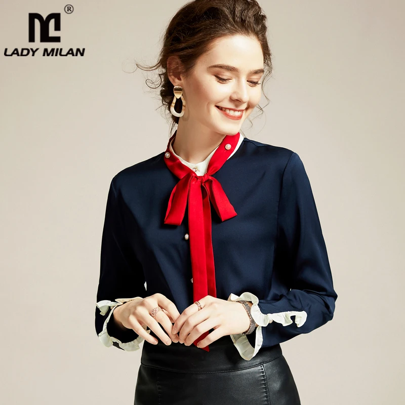 

2020 Women's Elegant Runway Silk Shirt Bow Collar Long Sleeves Ruffles Color Block Fashion Blouse Top