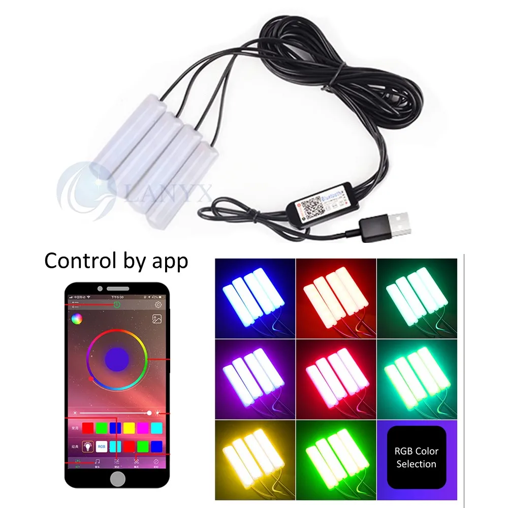 

Car LED Light Bar Stripes Colorful Bluetooth App Controller Under Seat Carpet Interior Atmosphere Ambient Lamps Powered By USB