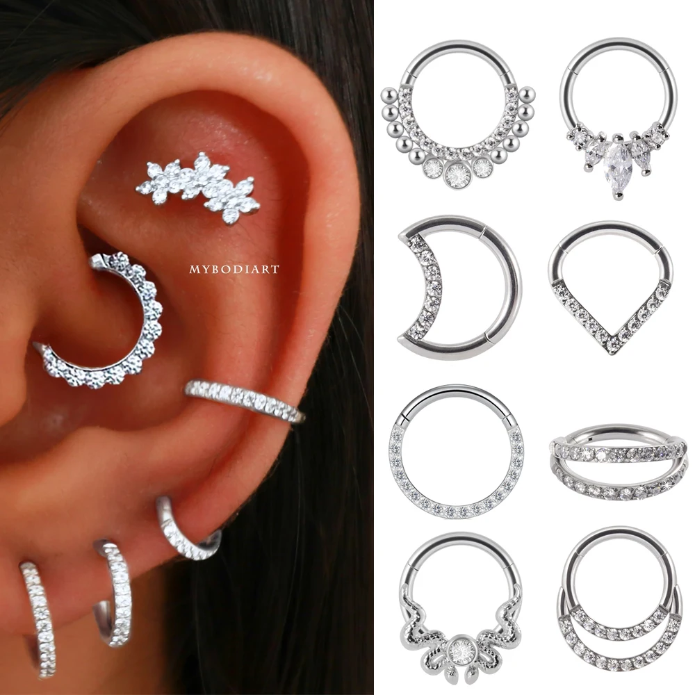 1 szt. 361L stal chirurgiczna zatrzask z cyrkonią na zawiasach obręcz kolczyk w nosie Tragus chrząstka Daith Piercing Helix Rook kolczyk biżuteria