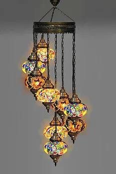 

Spiral 9 Ball Turkish Handmade Mosaic Chandelier, turkish mosaic, multicolor mosaic chandelier,