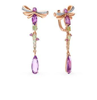 

Gold earrings with хризолитом, amethyst and cubic zirconia sunlight sample 585