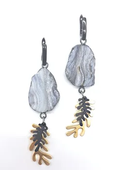 

Earrings handmade natural agate Druse and leaves