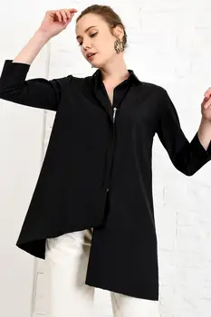 

Trend Alacati Style Women Black Asymmetrical Cut Zipper Poplın Shirt ALC-X3896