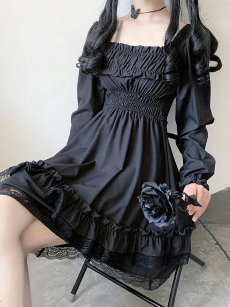 InsDoit Lolita Gothic Black Corset Dress Women Vintage Lace Patchwork Ruched Aesthetic High Waist Dress Punk Party A-LINE Dress