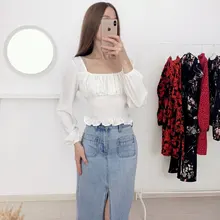 Short Blouses Womens Tops Long-Sleeve Vintage Square-Collar Casual Simple New Bow Solid