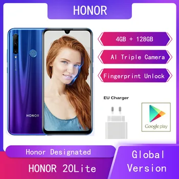 Перейти на Алиэкспресс и купить Глобальная версия Huawei Honor 20 Lite 4G + 128G смартфон AI Camera Face Fingerprint Unlock 6,21 дюймHonor мобильный телефон Google Play Andriod хонор телефон
