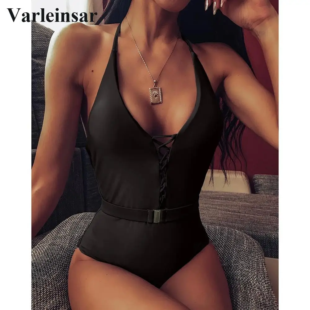 7 Colors Sexy Halter V Neck Lace Up Women Swimwear One Piece Swimsuit Female Bather Bathing Suit Swim Lady With Belt V1762